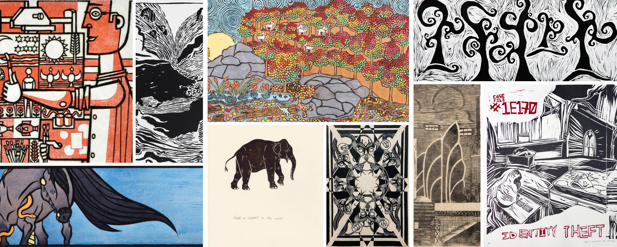 Collage of nine images from the GVSU Art Museum Collection that represent the printmaking technique, linocuts.